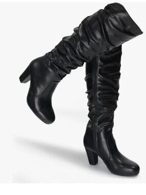 Hawkwell Women's Black Chunky High-heel Side Zip Knee High Boots